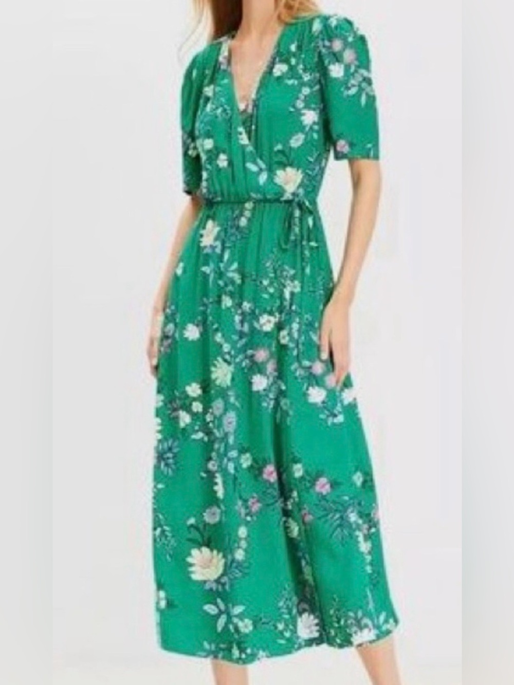 Loft Floral Faux Wrap Dress Emerald Glow New Size 12 Bright Short Sleeve